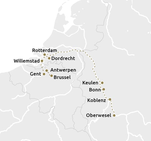 Routekaartje Kerst en Oud & Nieuwcruise Rijn + België