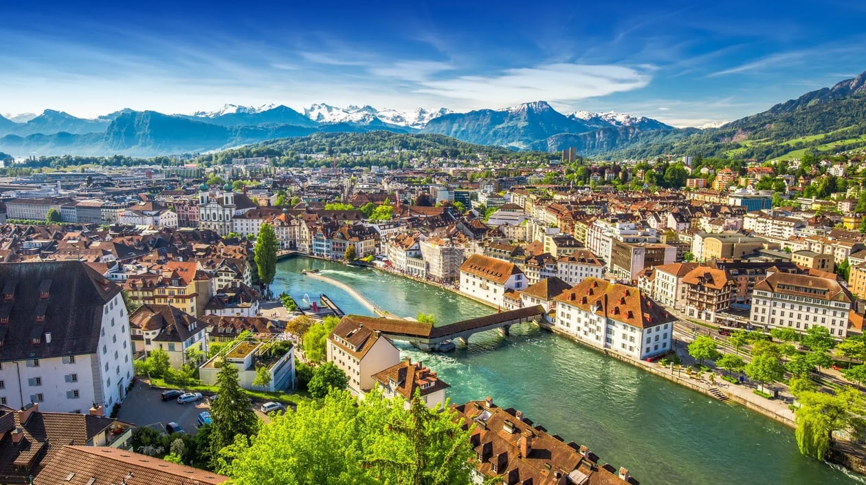 Luzern View to Pilatus mountain and historic city center of Luzern, Switzerland